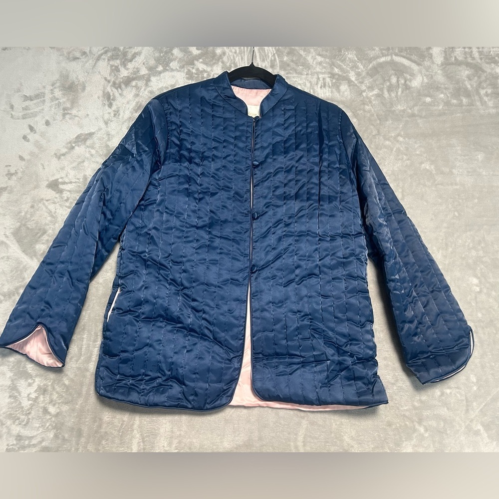 Barbizon Satin Serene Quilt Jacket Women’s Medium Navy Blue Pink Button Up